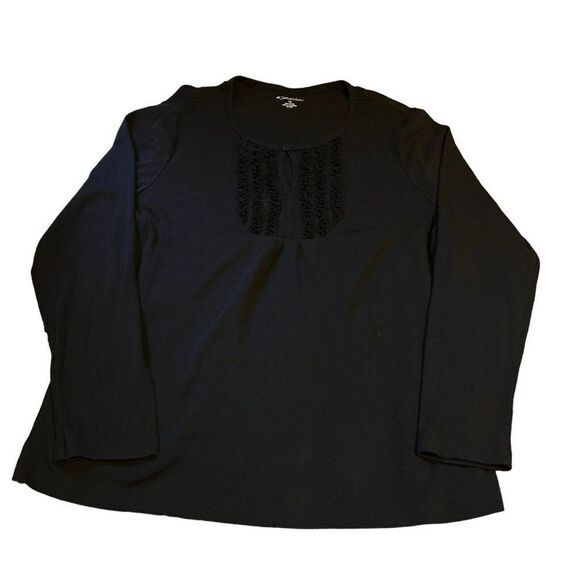 Kim Rogers 1X Top Long Sleeve Black Blouse Ruffle Neck Collar Tshirt Shirt - Picture 1 of 7